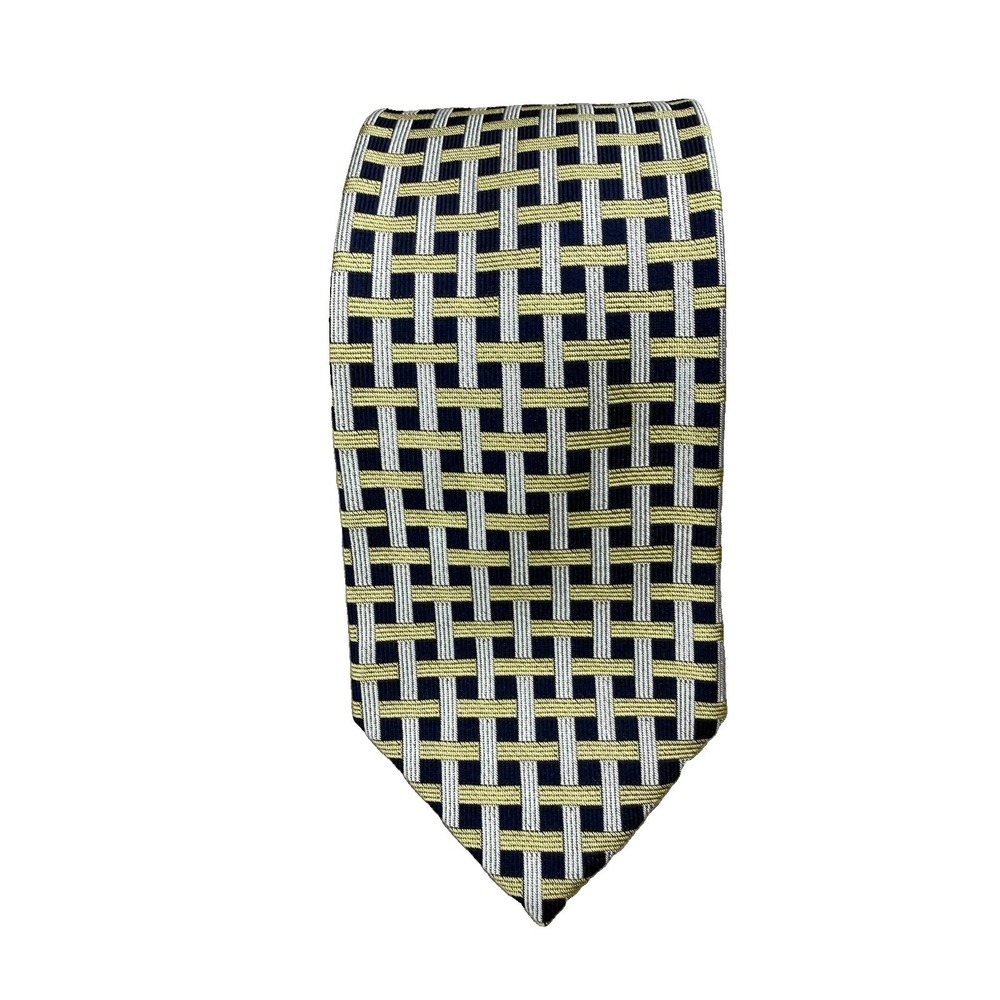 Brooks Brothers Tie Makers Men's Silk Blue Gold Geometric Basketweave USA Preppy